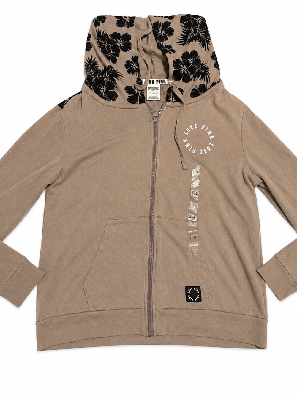 PINK Victoria’s Secret Y2K NWT Taupe Tropical Hibiscus Zip Hoodie Large beach